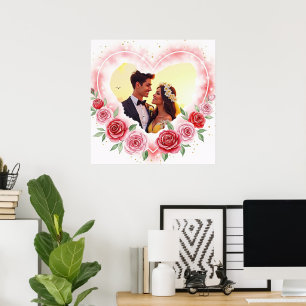Poster Coração Romântico de Aquarela com Faíscas Douradas