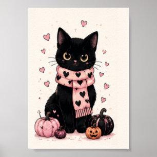 Poster Coração Rosa Aconchegante Cachecol Gato Preto