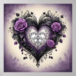 Poster Coração Roxo Preto Ornamentado Estilo Gótico Vinta