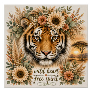 Pôster Coração Selvagem Espírito Livre Arte Floral Boho T