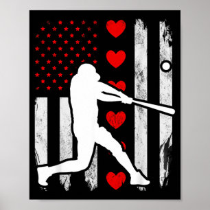 Poster Coração Silhueta de Beisebol Bandeira Americana Me