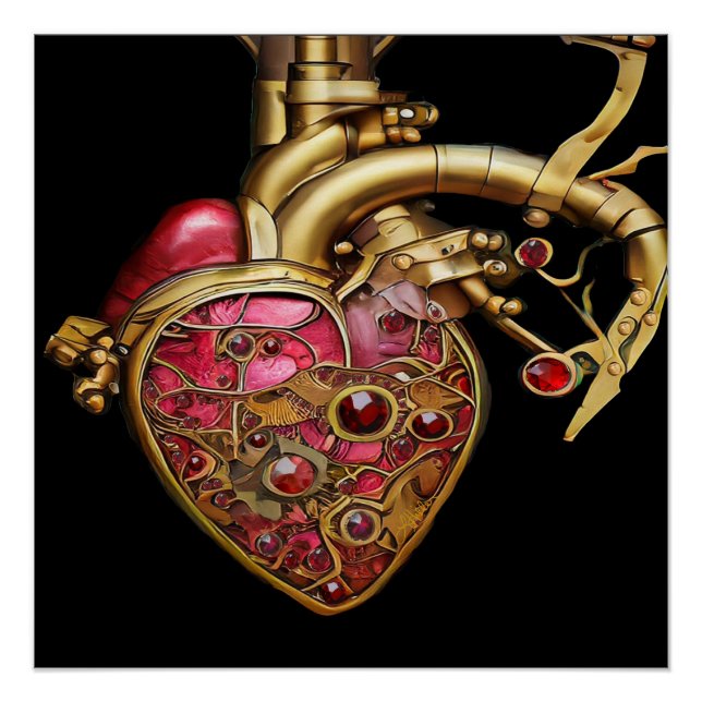 Pôster Coração Steampunk Rubis e Engrenagens Anatômicas (Frente)