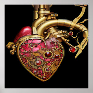 Poster Coração Steampunk Rubis e Engrenagens Anatômicas