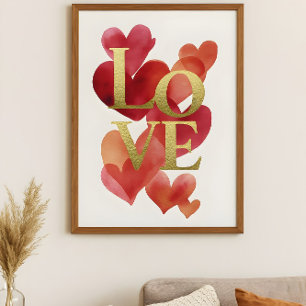 Poster Corações Abstratos e Tipografia de AMOR em Ouro Ar