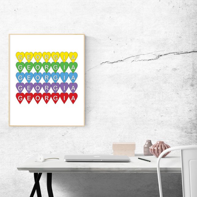 Poster Corações Arco-íris da Geórgia (A poster of yellow, green, blue, purple and red hearts that say Georgia inside.)