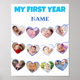 Poster Corações Azuis Bonitos Meu Primeiro Ano 12 Colagem