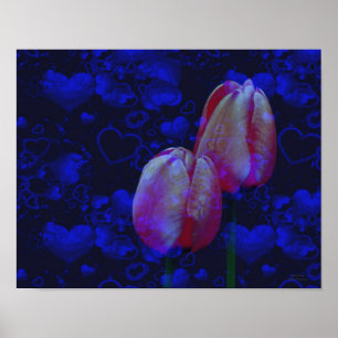 Pôster Corações Azuis Elétricos E Tulipas Rosa Arte Flora