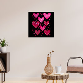 Poster Corações com Padrões Rosa e Vermelho