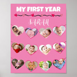 Poster Corações Cor-de-Rosa Bonitos Meu Primeiro Ano Cola