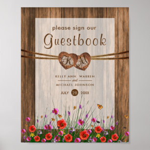 Pôster Corações de Madeira Monogramados com Flores Silves