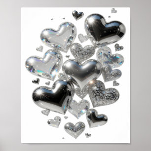 Poster Corações de Vidro Snappy Silver Arte de Texto 3D