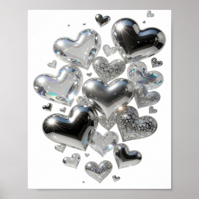 Poster Corações de Vidro Snappy Silver Arte de Texto 3D (Frente)