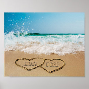 Poster Corações e Nomes na Areia Imagem Personalizada