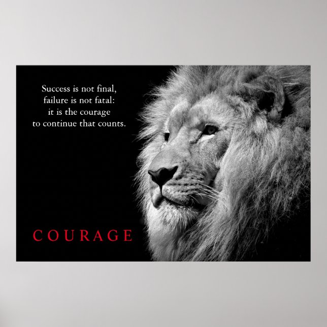 Poster Coragem Inspirativa Lion Branco Negro (Frente)