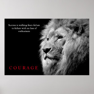 Poster Coragem Inspirativa Lion Branco Negro