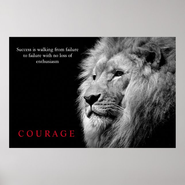 Poster Coragem Inspirativa Lion Branco Negro (Frente)