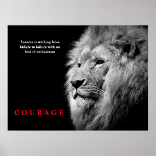 Poster Coragem Inspirativa Lion Branco Negro