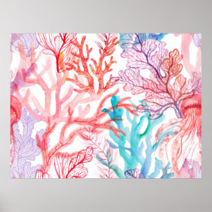 Poster Corais de aquarela. Padrão sem costura com a part
