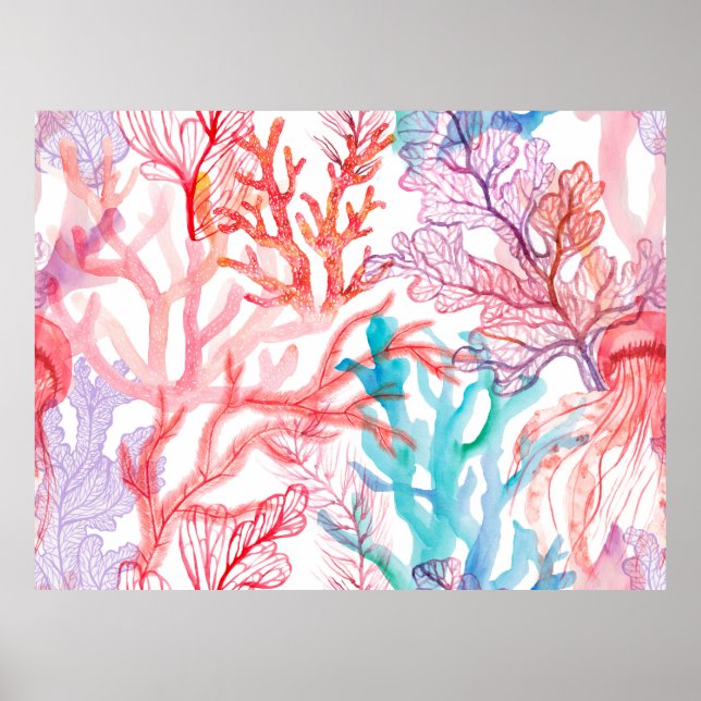 Poster Corais de aquarela. Padrão sem costura com a parte (Frente)
