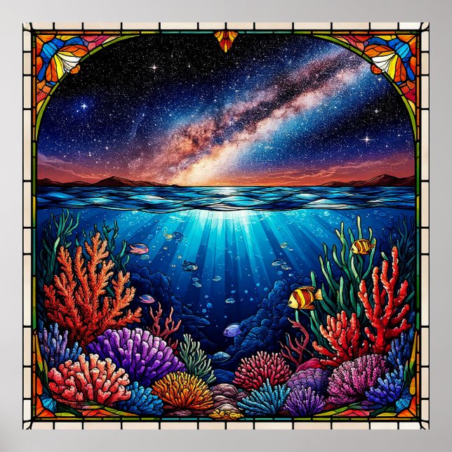 Poster Corais Subaquáticos com Céu Estrelado Acima (Frente)