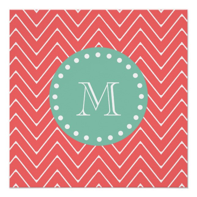 Pôster Coral Chevron Pattern | Monograma Verde Mint (Frente)