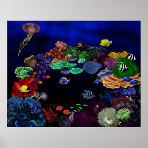 Poster Coral Colorido e Arte de Recifes de Peixes
