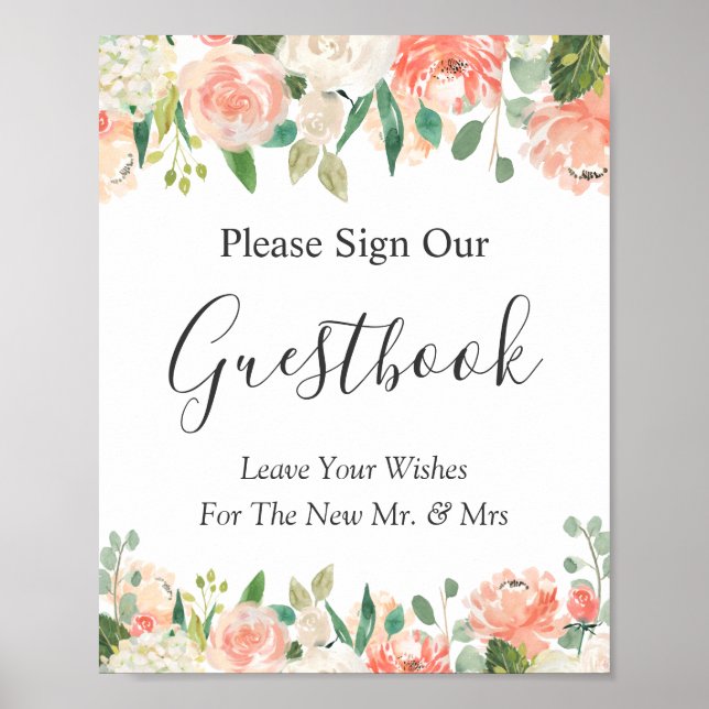 Poster Coral Peach Garden Floral Weding Sign (Frente)