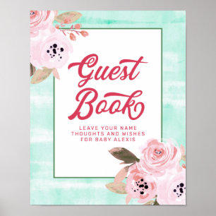 Poster Coral Pink Floral Baby Shower Guest Book Sign