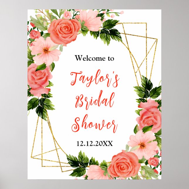 Poster Coral Red Roses Floral Bridal Shower Welcome Sign (Frente)