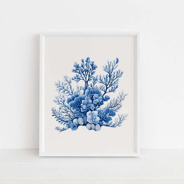 Poster Coral Reef - Azul Costeiro em bege (Coral Reef – Coastal Blue on Beige Poster in a white frame on the floor)