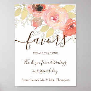 Poster Coral Rosa Roses e Dourado Sinal de Favor de Casam