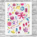 Poster Cores Aquáticas<br><div class="desc">Uma pintura aquosa moderna de flores e folhas em cores ricas espalhadas em fundo branco. Arte original de Nic Squirrell.</div>