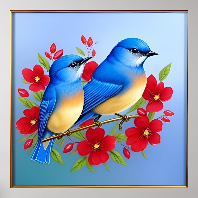 Poster Cores-Bluebird Emitidos Entre Flores Vermelhas (Frente)