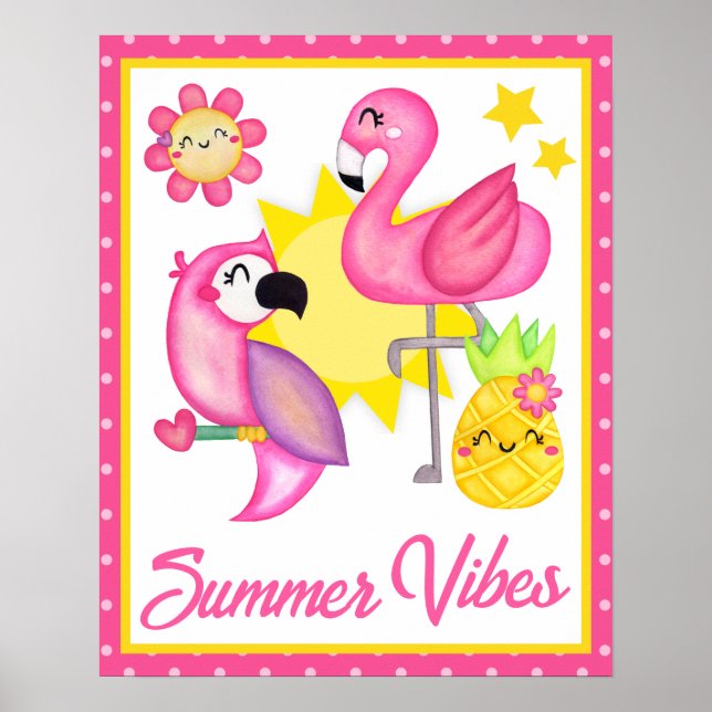Poster Cores d'água, Rosa e Amarelo, Verão de Aves Tropic (Frente)