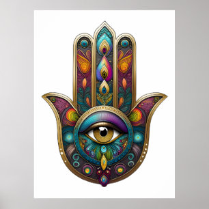 Poster Cores de Pavão Hamsa com Terceiro Olho Dourado