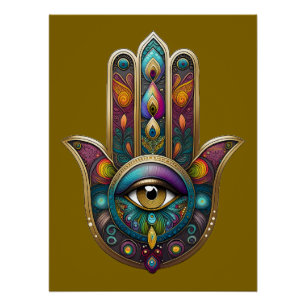 Pôster Cores de Pavão Hamsa com Terceiro Olho Dourado