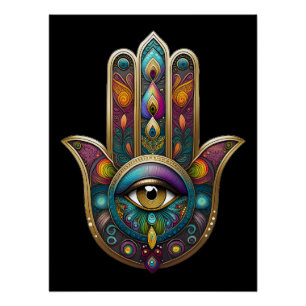 Pôster Cores de Pavão Hamsa com Terceiro Olho Dourado