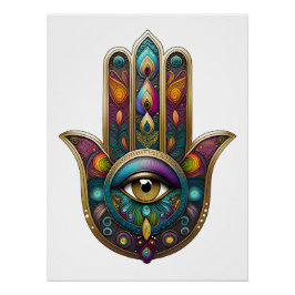 Pôster Cores de Pavão Hamsa com Terceiro Olho Dourado