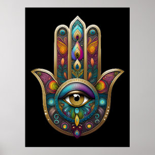 Poster Cores de Pavão Hamsa com Terceiro Olho Dourado