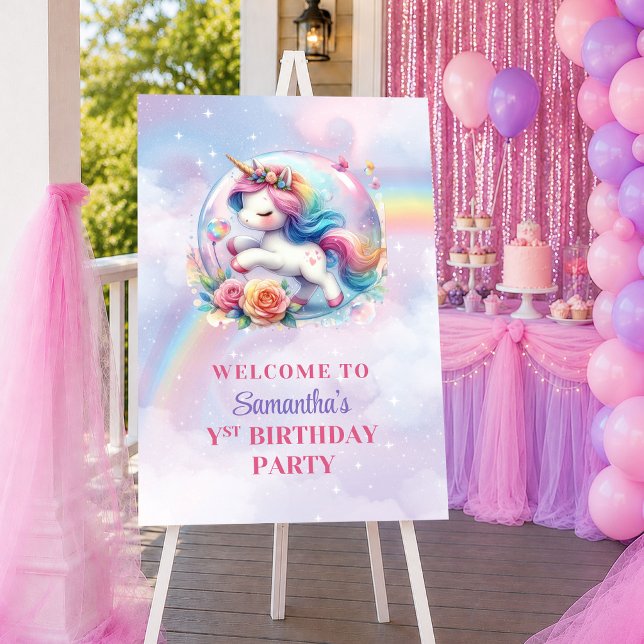 Poster Cores Pastéis de Unicórnio Sonhador Boas-Vindas de (Dreamy Unicorn Pastel Colors Girl Birthday Welcome

)