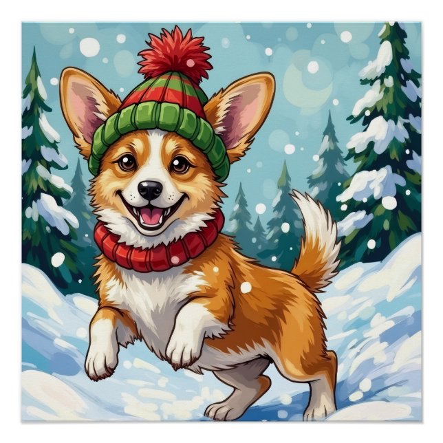 Pôster Corgi Alegre Saltando na Neve com Pom Pom (Frente)