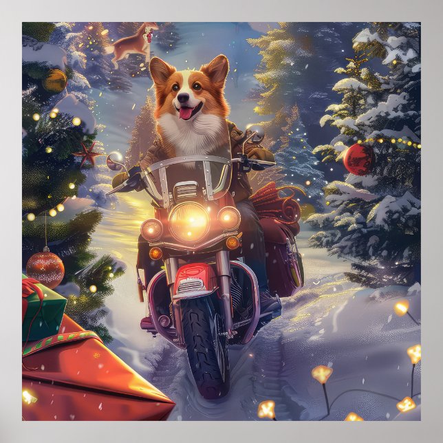 Poster Corgi Andando de Motocicleta Natal (Frente)