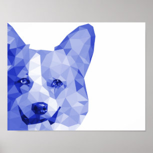 Pôster Corgi - Arte Polar Baixa em Azul