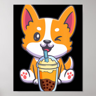 Poster Corgi Bebendo Boba Bubble Tea Drink Anime Kaw