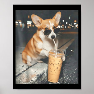 Poster Corgi bebendo café gelado meme engraçado de animal
