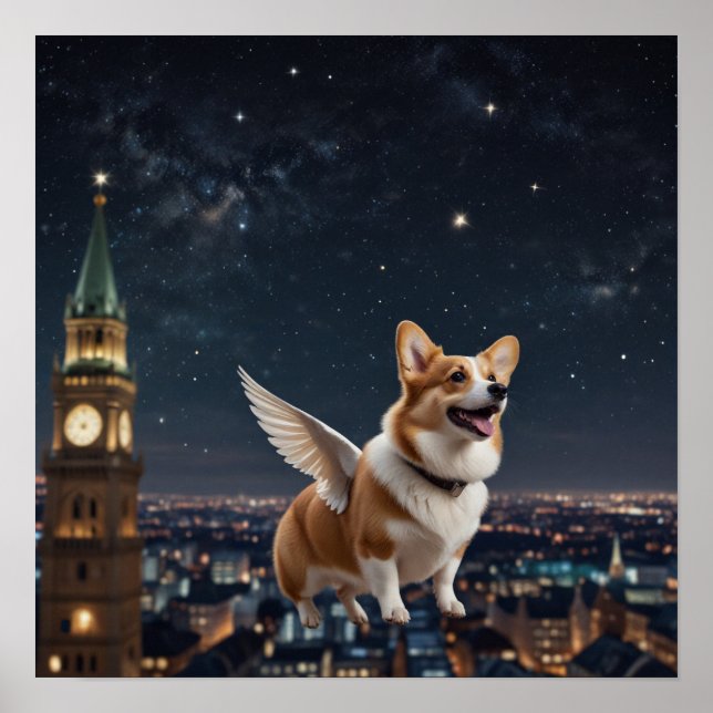 Poster Corgi Bonito com Asas Voando Acima de um Céu Cidad (Frente)