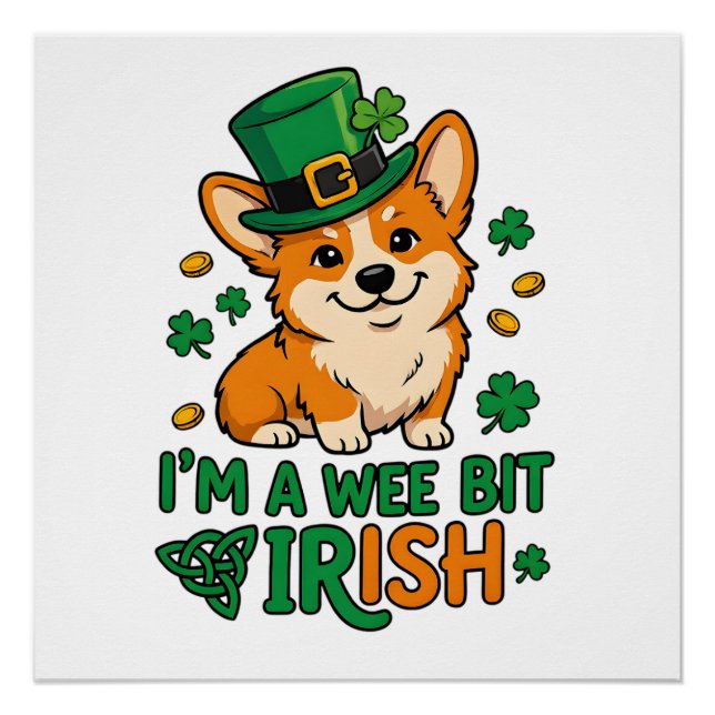 Pôster Corgi Dog "Wee Bit Irish" Funny St. Patrick's Day  (Frente)