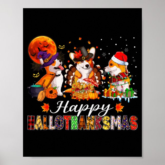 Poster Corgi Dogs Halloween Thanksgiving Christmas Hallot (Frente)