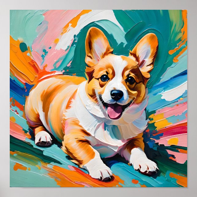 Poster Corgi Feliz em Explosão de Cores - Abstrato (Frente)