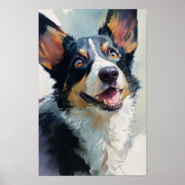 Poster Corgi galês cardigan aquarela